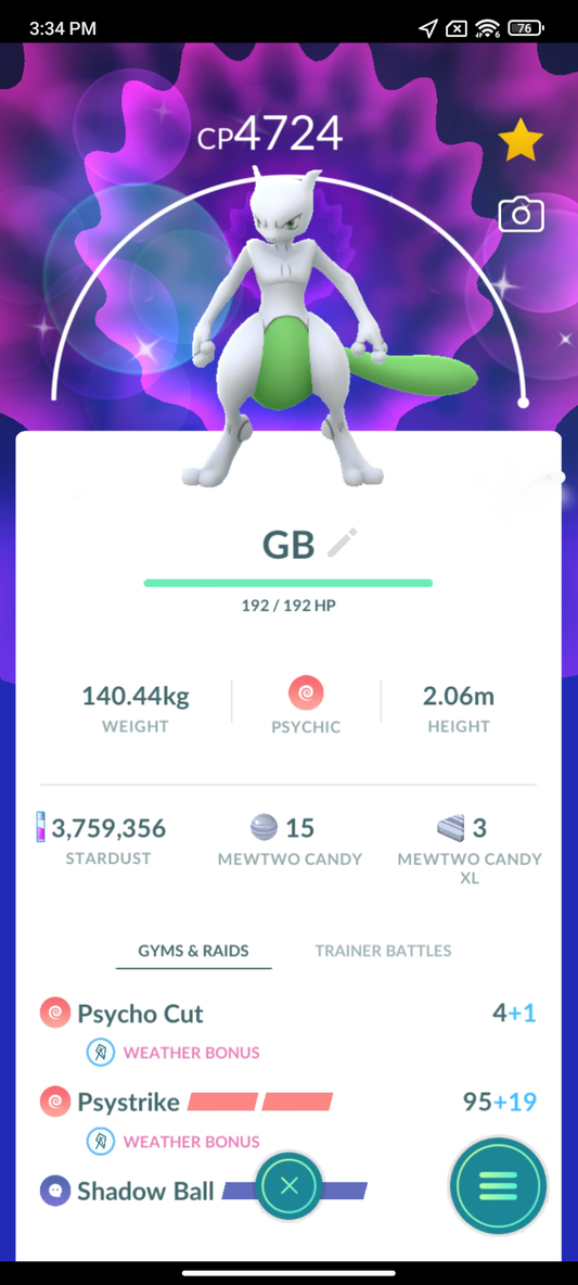 MEWTWO SHINY LEVEL 50 / 2 MOVES PSYSTRIKE - SHADOW BALL trade