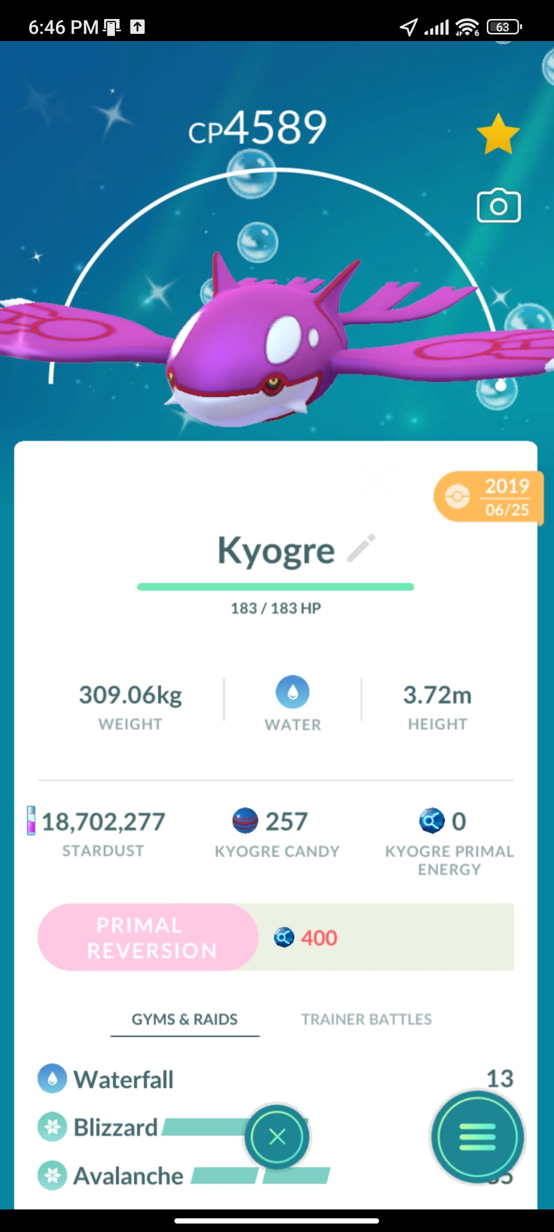 Kyogre Level 50 Shiny 2 Charged Moves (2019) Pokemon Trade